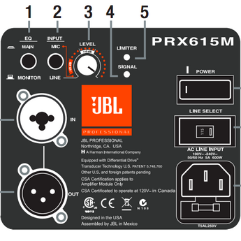 JBL PRX-615-M Powered Loudspeaker Rear Diagram